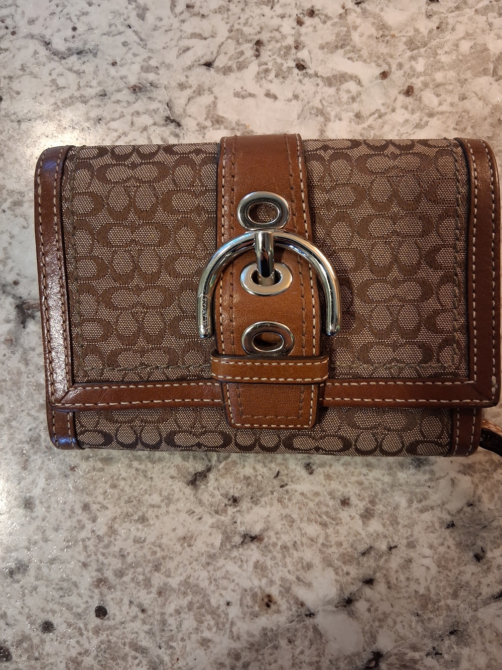 Coach Signature Canvas Wallet in Brown with Tan Leather Trim and Silver Hardware